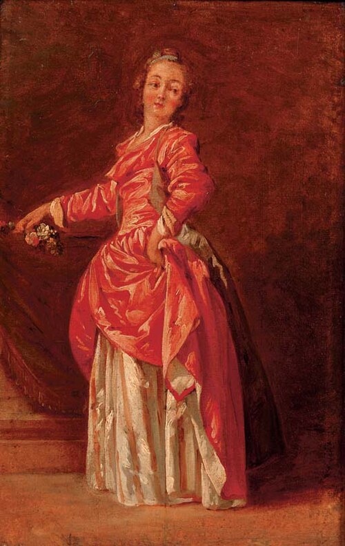 A lady in a red dress in an interior, 1765, Jean-Baptiste Le Prince