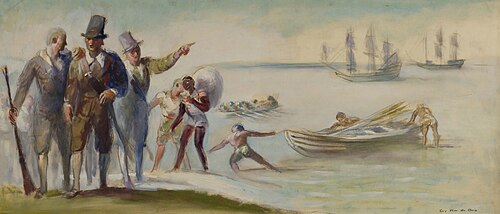 First Landing at Weymouth (Study for Post Office Mural, Weymouth Branch, Boston, MA), 1942, Guy Pène Du Bois