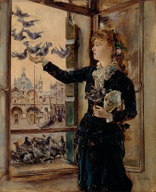 Mädchen an einem Fenster zum Markusplatz, Tauben fütternd, 1875, Anton Romako