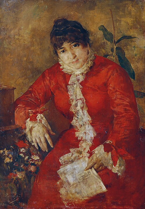 Frau im scharlachroten Kleid mit Zeitungsblatt und Ficus, 1886, Anton Romako