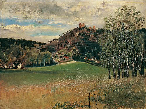 Die Meiereiwiese in der Vorderbrühl mit der Ruine Mödling, 1885, Anton Romako