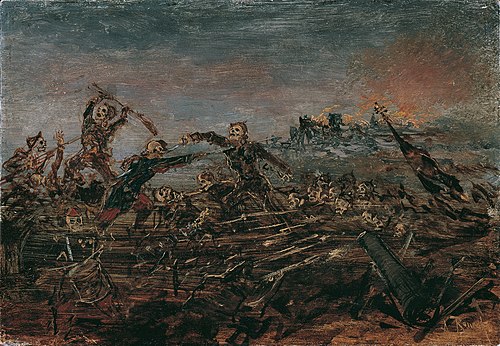 Totentanz auf dem Schlachtfeld vor brennenden Ruinen, 1883, Anton Romako
