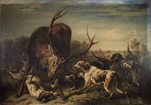 Hirsch, von Hunden gestellt, 1858, Benno Adam