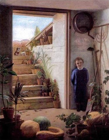 Boy Hiding from Puppies in a Cellar, 1876, Hans Jørgen Hammer