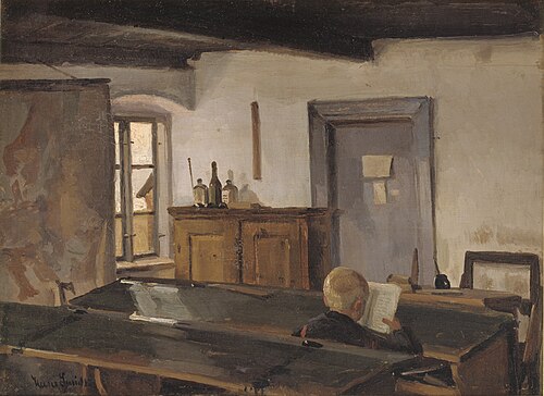 En skolestue med en læsende dreng, 1885, Hans Ludvig Smidth