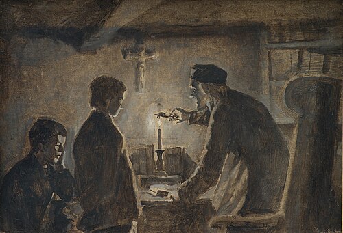 Pastor Sören blows out the candle on the New Year's Eve, 1900, Hans Ludvig Smidth