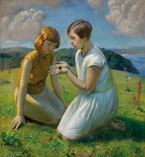 Two young girls with a butterfly, , Harold C. Harvey
