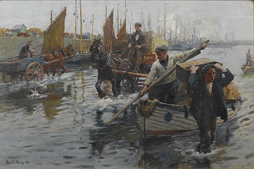 Unloading the boats, Newlyn Harbour, 1906, Harold C. Harvey
