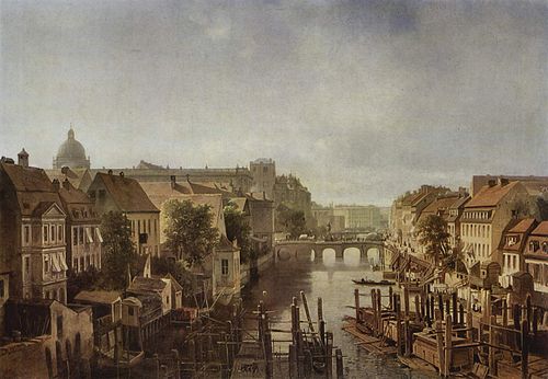 View from Royal mills at the Mühlendamm to the Lange Brücke in Berlin, 1850, Albert Schwendy