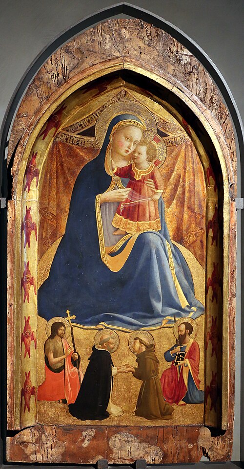 Madonna dell’umiltà, i santi Giovanni Battista e Paolo e l’incontro dei santi Domenico e Francesco, 1450, Fra Angelico