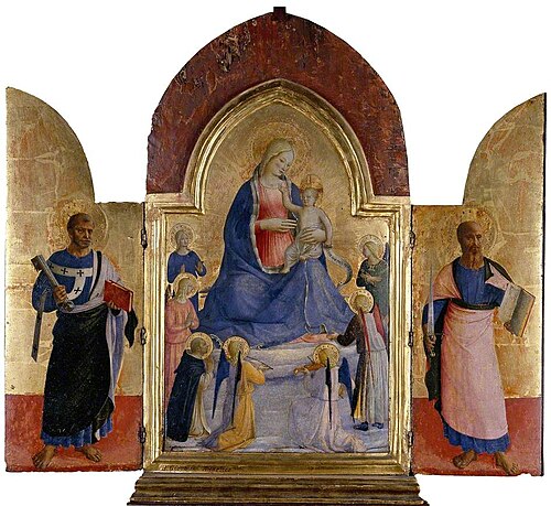 The Virgin and Child with Angels and a Dominican Saint (centre); St Peter (left); St Paul (right), , Fra Angelico