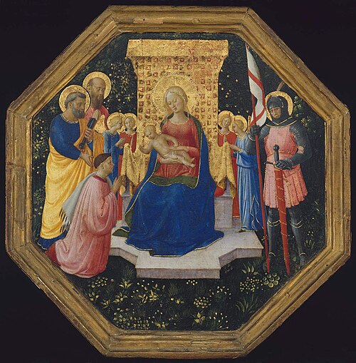 Virgin and Child Enthroned with Saints Peter, Paul and George (?), Four Angels, and a Donor, 1447, Fra Angelico