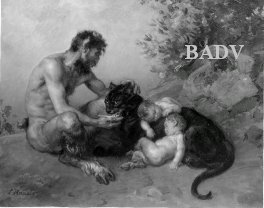 Alter Faun mit zwei jungen Faunen und schwarzen Panther, 1877, Ludwig Knaus