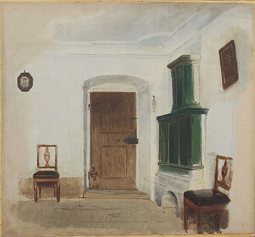 Interior with green ceramic stove, 1852, Ludwig Knaus