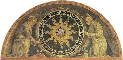 Monogram of Christ between two saints, 1452, Andrea Mantegna