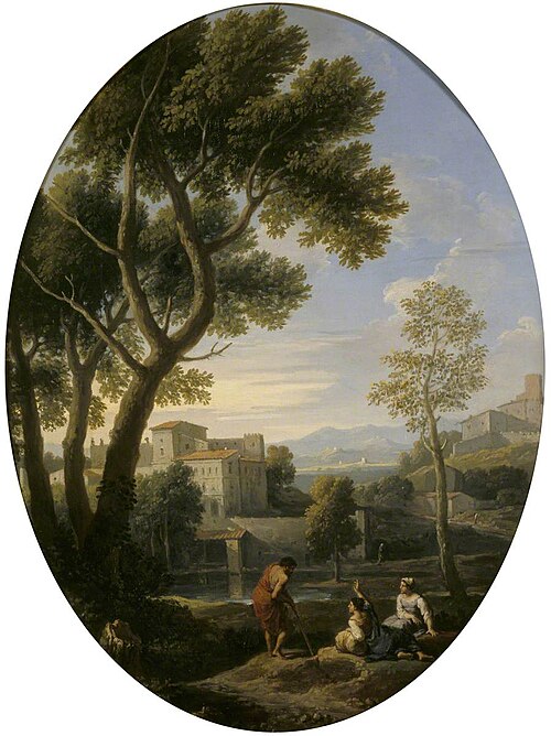 Classical Landscape with a Man and Two Women conversing, a Villa in the Distance, 1720, Jan Frans van Bloemen