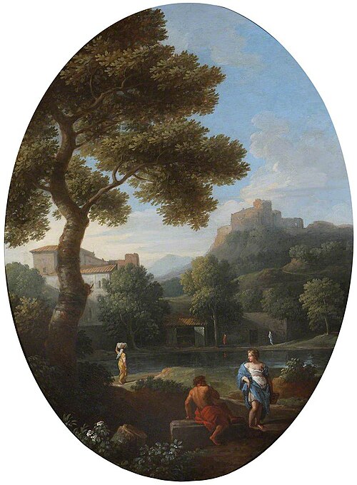 A Classical Landscape with a Man and a Woman conversing and a Distant Hill Town and Castle, 1720, Jan Frans van Bloemen