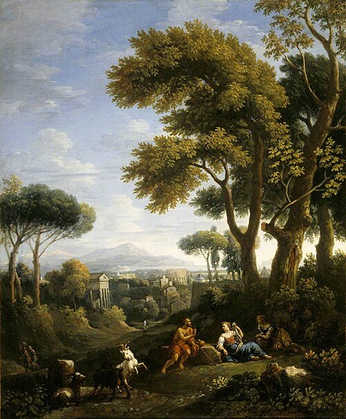 A Classical Landscape with a Traveller and Two Women Conversing and Three Goats Gambolling, 1720, Jan Frans van Bloemen