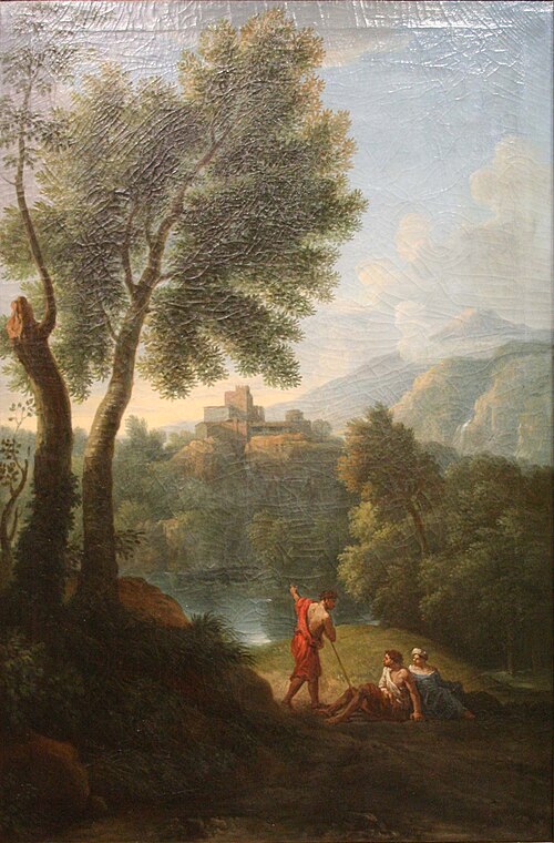 Arcadian landscape with three figures near a group of trees, in the distance a castle, 1660, Jan Frans van Bloemen