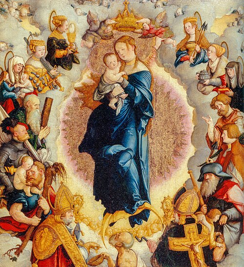 Die durch Engel bekrönte Muttergottes mit Kind im Kreise der 14 Schutzheiligen des Hauses Zimmern, 1536, Maître de Meßkirch