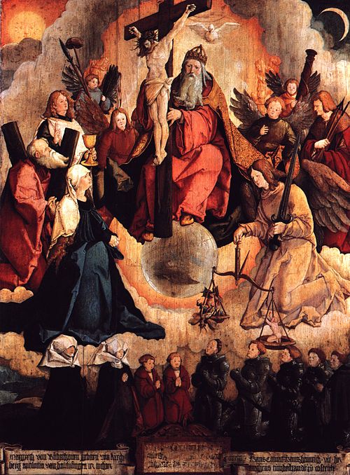 The Holy Trinity with Angels, Saints, and donor family Bubenhofen, 1523, Maître de Meßkirch
