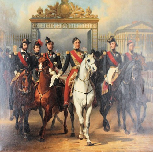 Le roi Louis-Philippe escorté de ses fils sort à cheval par la grille dorée de la grande cour du pal, 1900, Léon Perrault