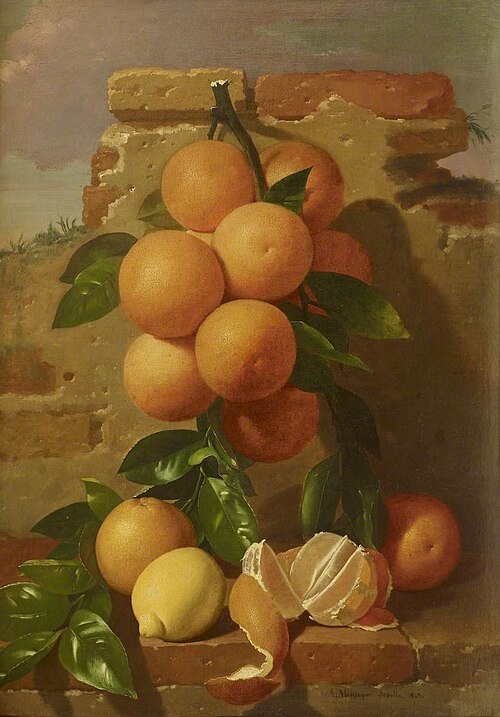 Still Life with Oranges in a Landscape, 1865, Antonio Mensaque