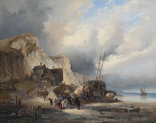 Loading hay on the Normandy coast, 1839, Heinrich Ambros Eckert