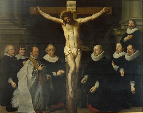 Christ on the cross surrounded by a priest, possibly Jan Mijtens, and provosts of the Grote Begijnho, 1654, Gaspard de Crayer
