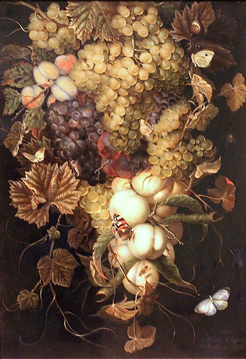 Fruits still life with peaches, grapes and butterflies, 1666, Ottmar Elliger