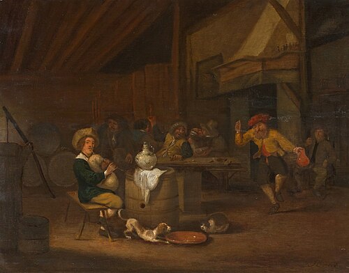 A tavern interior with peasants gathered around a table, 1670, Hendrick Bogaert