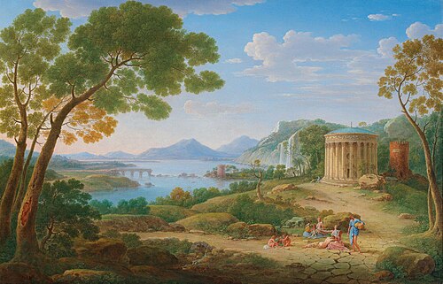 classical landscape with figures seated before a tempietto, 1748, Hendrik Frans van Lint