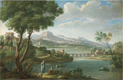 An Italianate landscape with figures resting, a fortress, bridge and mountains beyond, 1750, Hendrik Frans van Lint