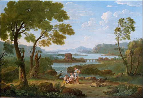 Classical River landscape with figures and goats before a bridge, waterfall and circular temple, 1750, Hendrik Frans van Lint