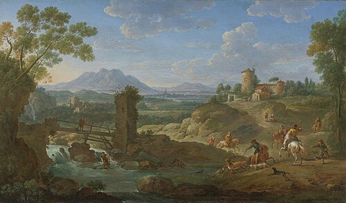 Elegant hunting party in an extensive landscape with mountains beyond, 1750, Hendrik Frans van Lint