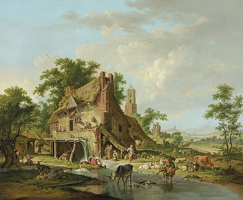 A watermill with farmyard animals and peasants, a landscape beyond, , Hendrik Meijer