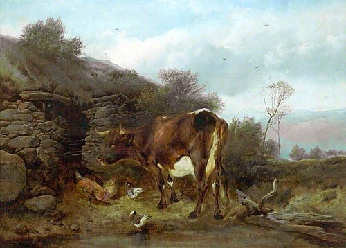Rural Scene with a Cow and Poultry, , Henry Bright