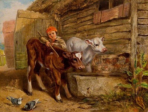 Boy with Calves and a Trough, , Henry Dawson