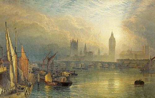 The New Houses of Parliament and the Thames (Sunset on the Thames near Westminster with the New Hous, 1875, Henry Dawson