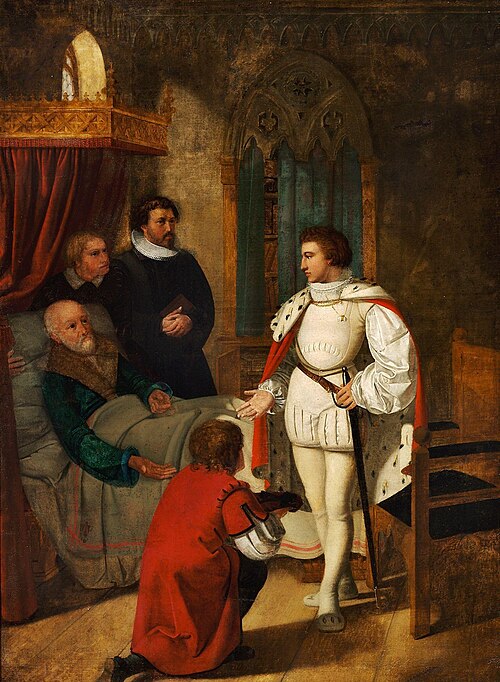 Cansleren Niels Kaas, som paa sin Sotteseng giver Christian IV Nøglen til Rigets Klenodier, , Ditlev Blunck