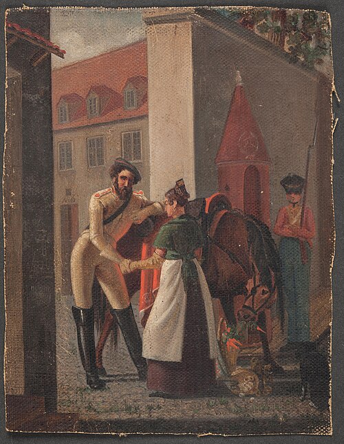 Gadescene. En kavalerist tager afsked med en pige, 1820, Ditlev Blunck