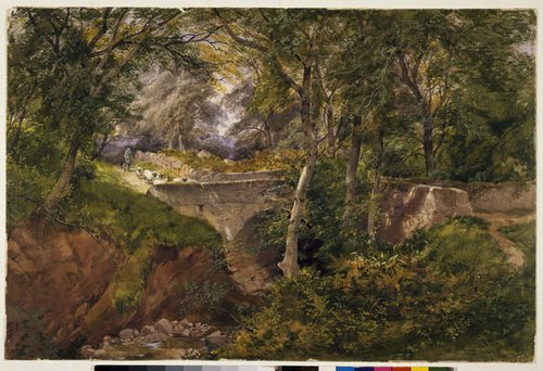 Wooded Landscape with Sheep Crossing a Bridge, 1863, Henry Jutsum