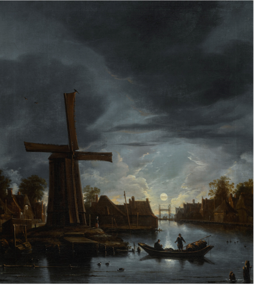 A MOONLIT RIVER LANDSCAPE WITH FISHERMEN NEAR A WINDMILL, 1600, Anthonie van Borssom