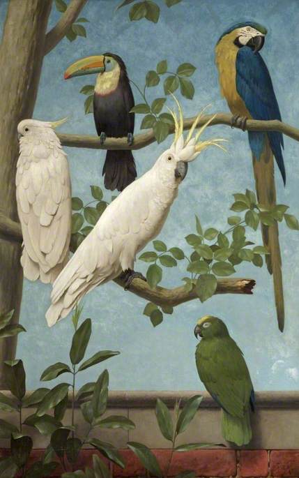 Cockatoos, Toucan, Macaw and a Parrot, 1889, Henry Stacy Marks