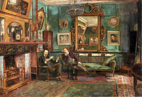 Dante Gabriel Rossetti lisant des épreuves de Sonnets and Ballads à Theodore Watts-Dunton dans l'ate, 1882, Henry Treffry Dunn