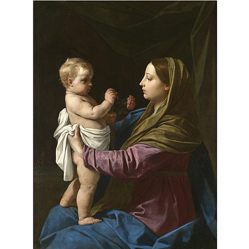 The Madonna and Child Holding A Rosary Crucifix and a Rose (Madonna Della Rosa), 1642, Simone Cantarini