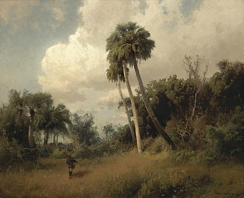 A Hunter among Windswept Palms and Passing Clouds, 1850, Hermann Ottomar Herzog