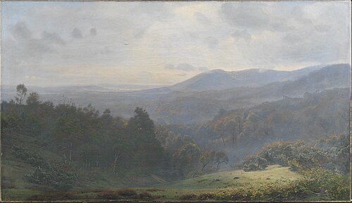 Tågen letter over skovene ved Himmelbjerget. Tidlig efterårsmorgen, 1895, Harald Foss