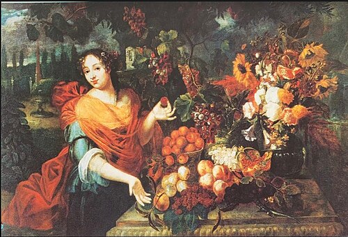 Young woman at a table laid with fruit and flowers in a garden, 1675, Hieronymus Galle l'ancien