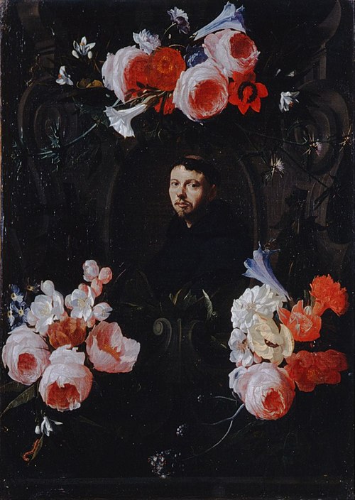 Portrait d'un moine dans une guirlande de fleurs, 1654, Hieronymus Galle l'ancien